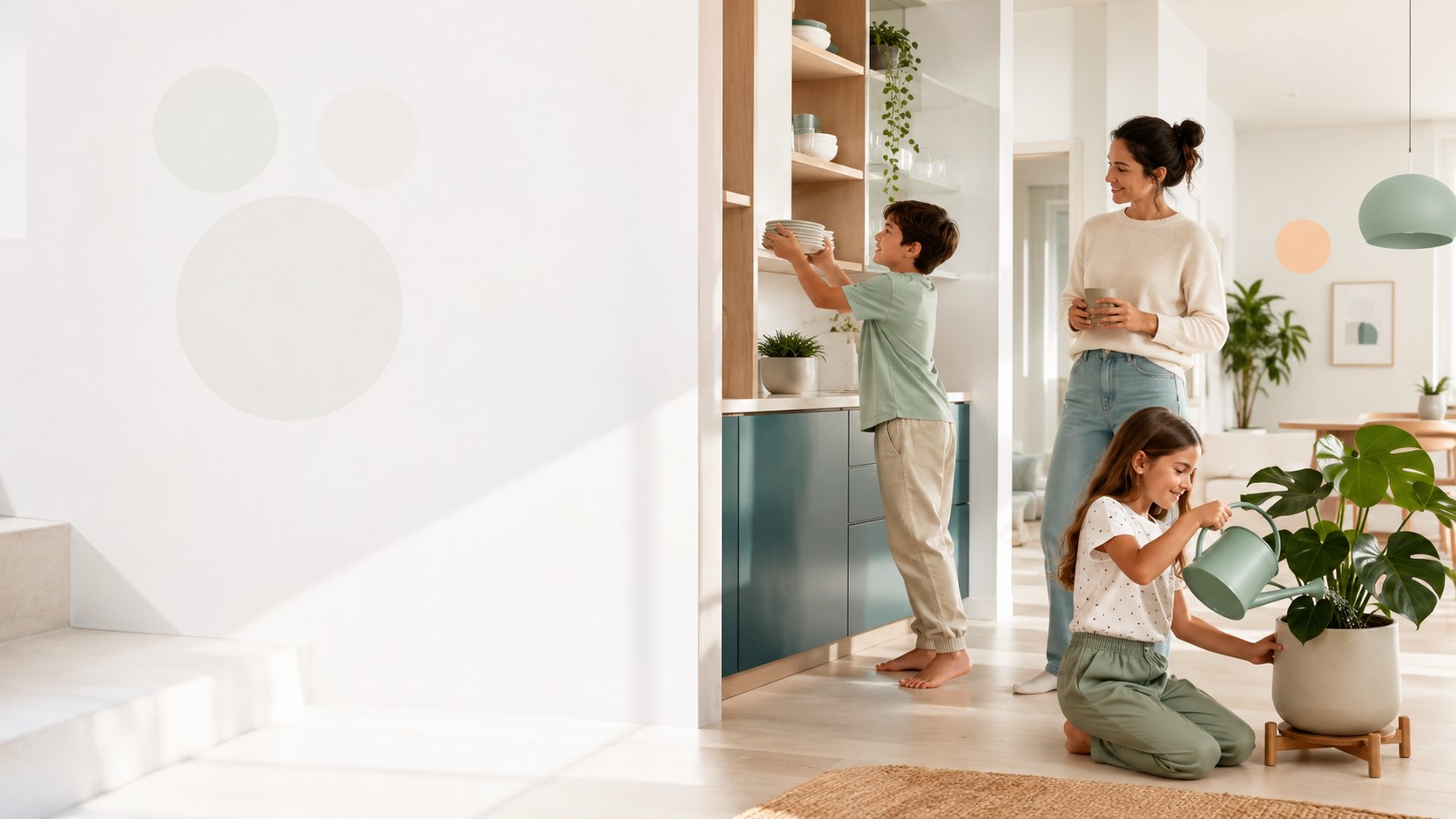 A parent and two children doing chores together in a bright, calm home