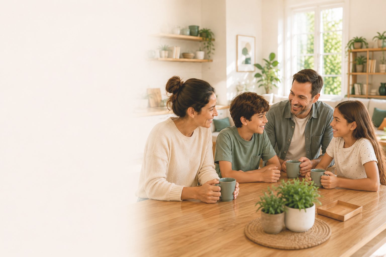 A relaxed family together at home, a parent and children sharing a calm moment