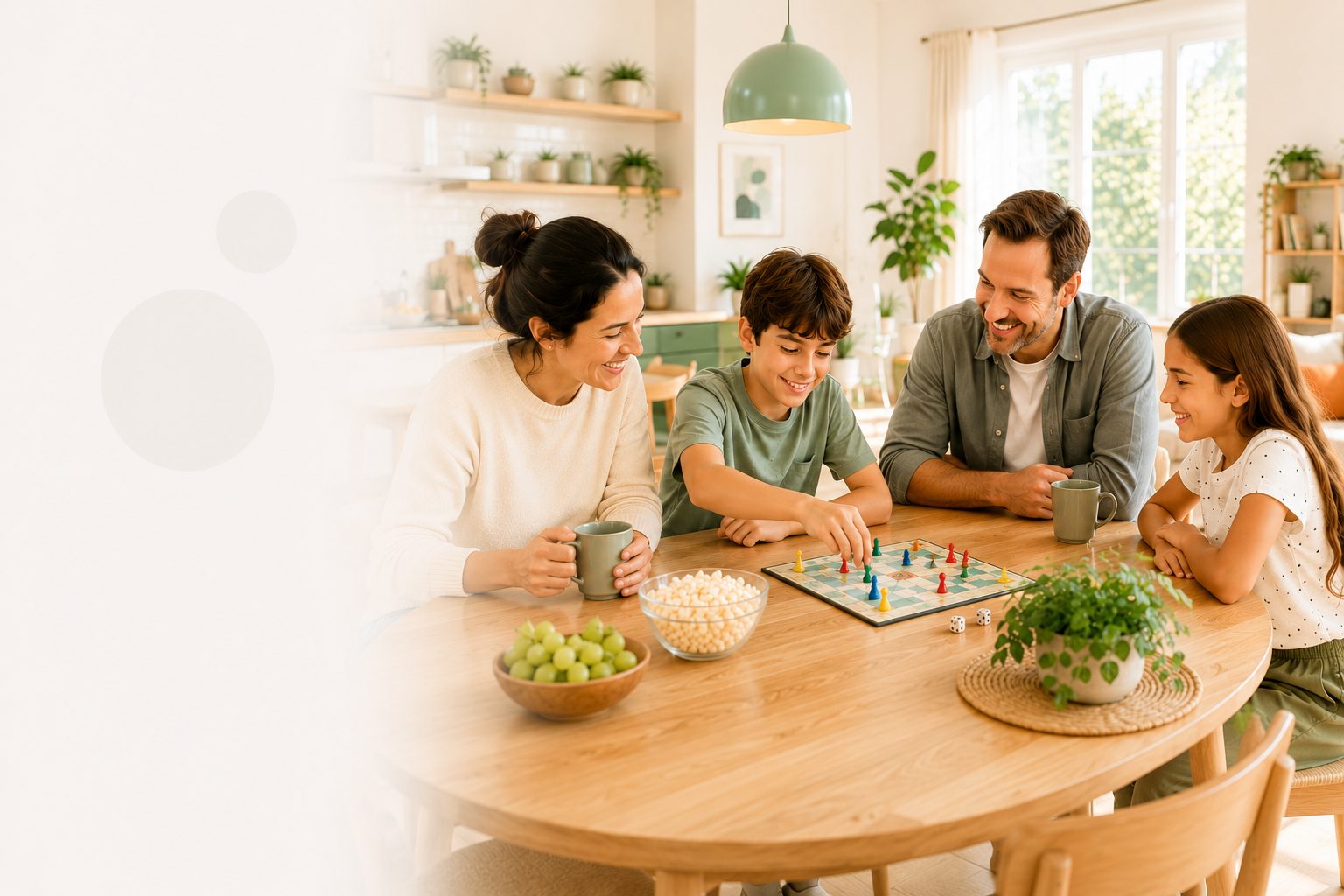 A family playing a board game together at the kitchen table