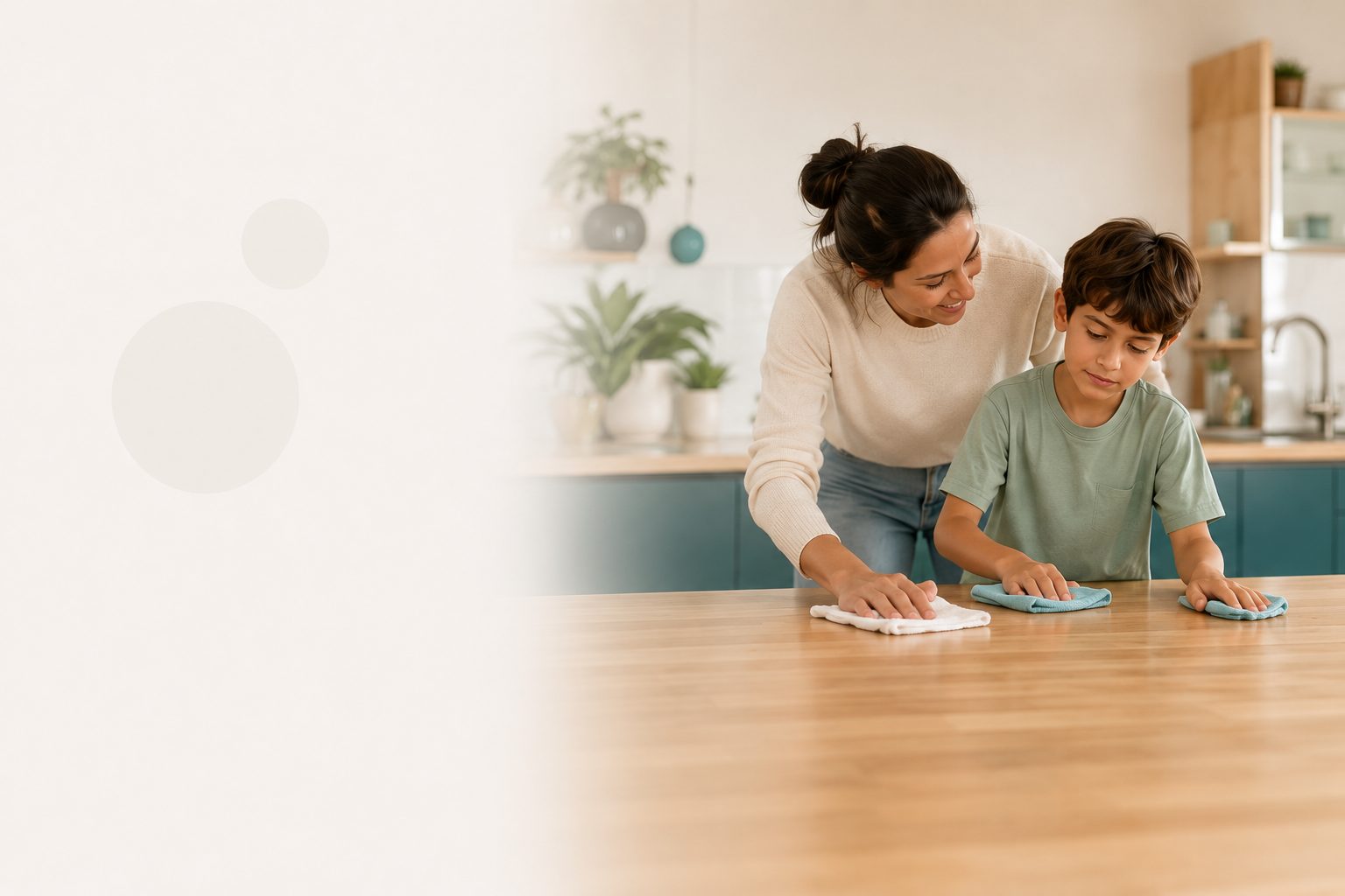 A parent and child doing a task together at home
