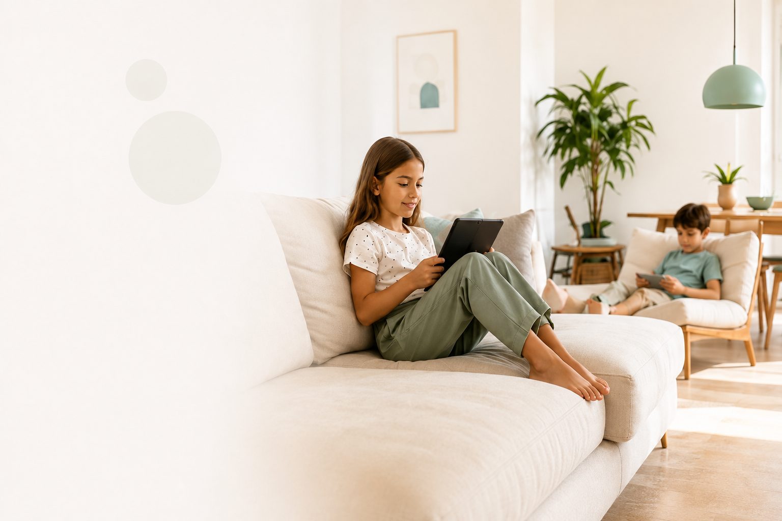 A family at home with a device, relaxed together