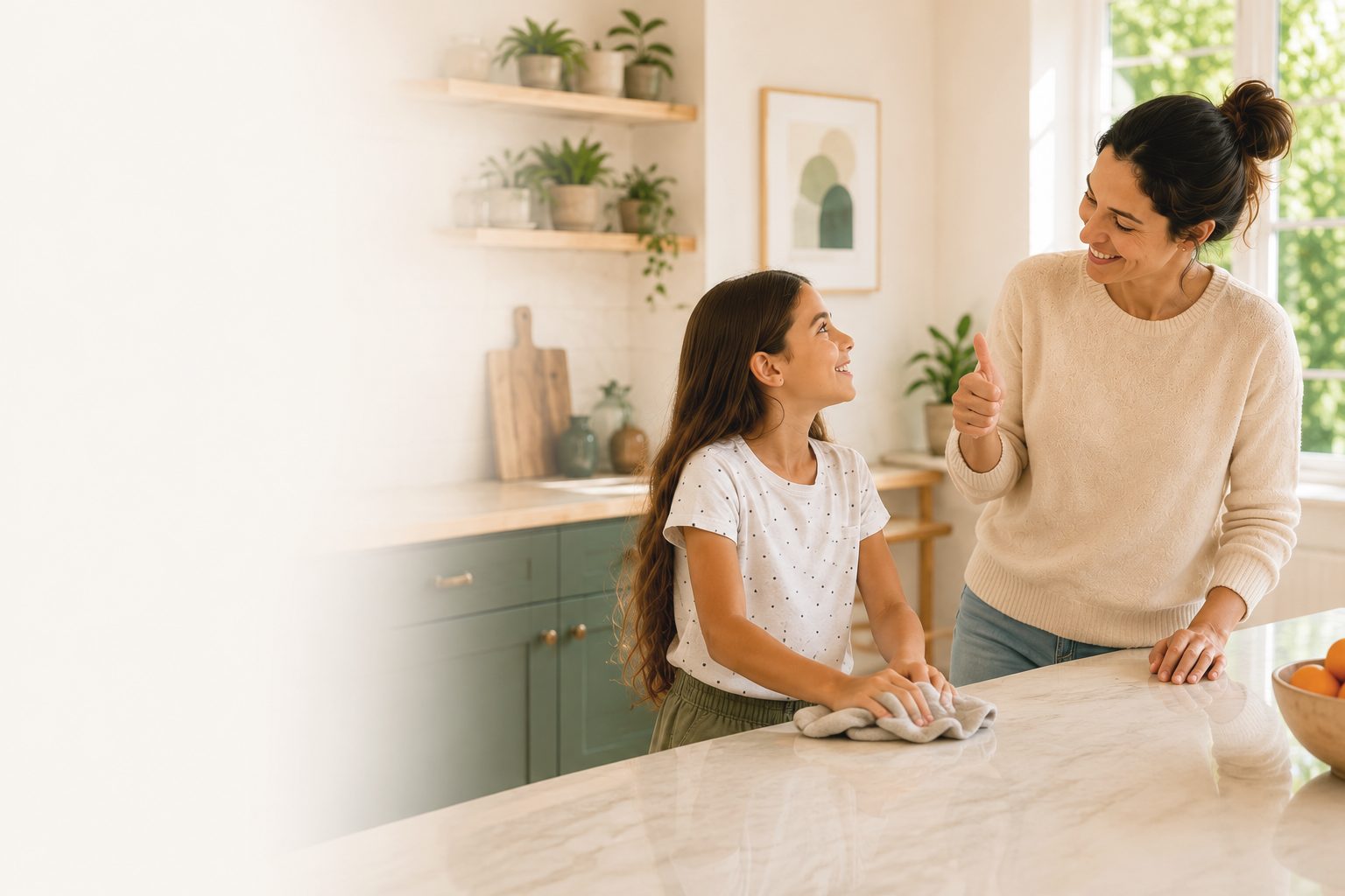 A parent giving a child an encouraging thumbs-up after a chore in a bright kitchen