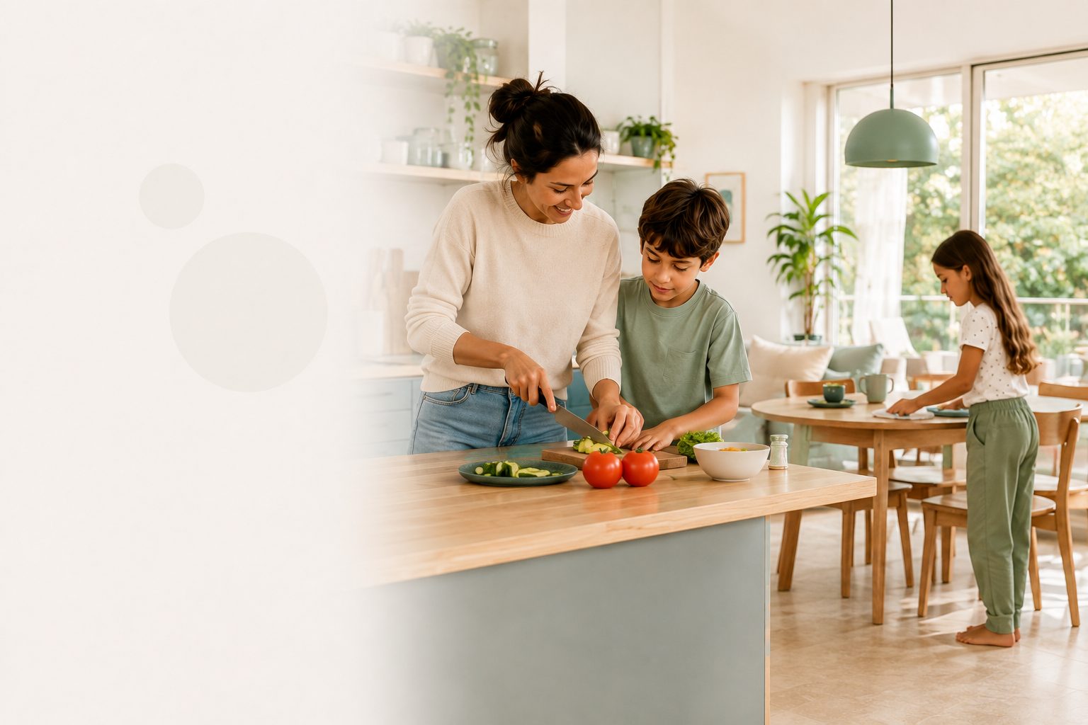 A mother and children preparing food together in a bright kitchen